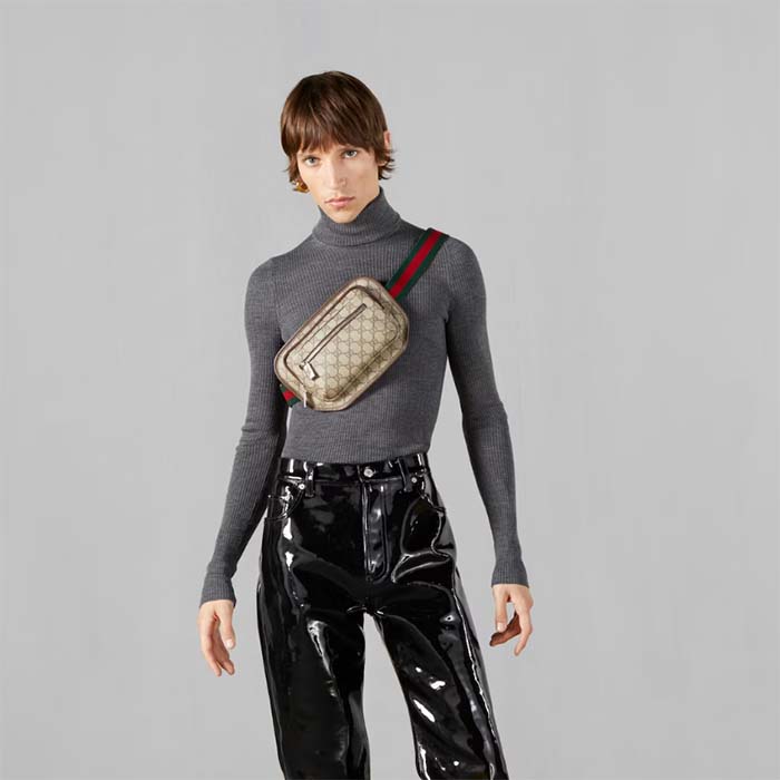 Gucci Unisex GG Belt Bag Beige Ebony GG Supreme Brown Leather Zip Closure