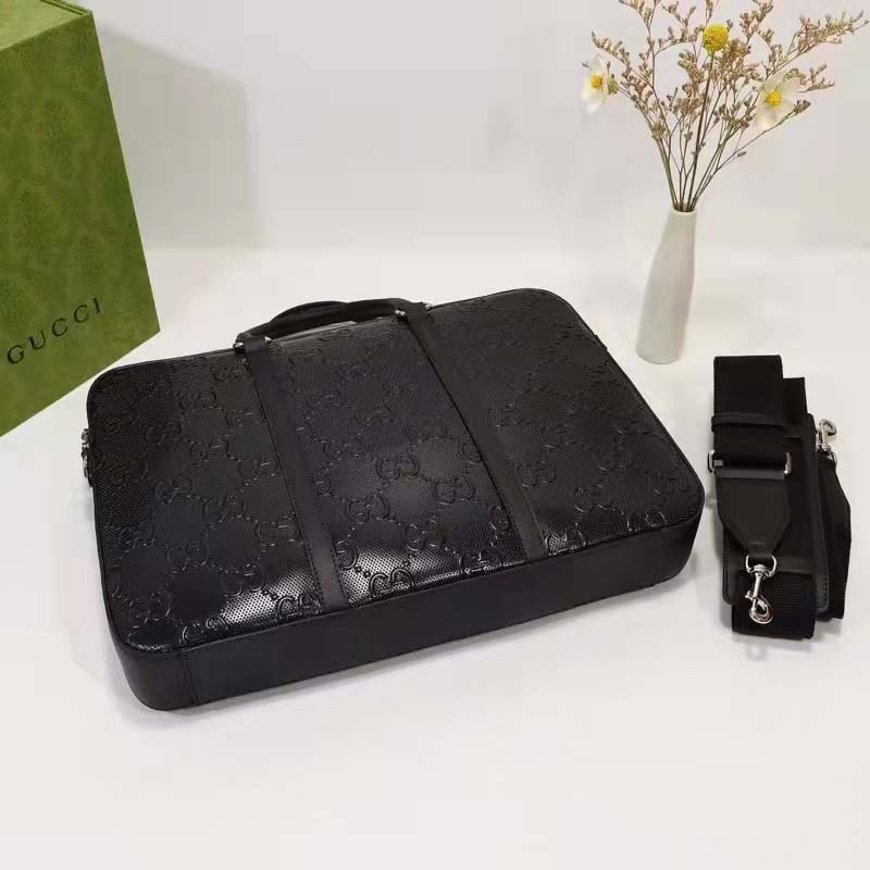 Gucci Unisex GG Embossed Briefcase Bag Black GG Embossed Leather