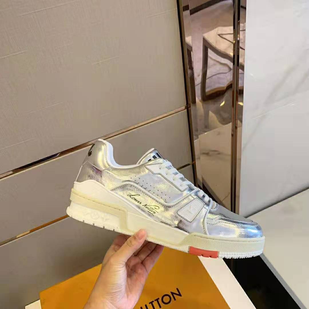 Louis Vuitton LV Men LV Trainer Sneaker in Metallic Silver Leather with Louis Vuitton Script Signature