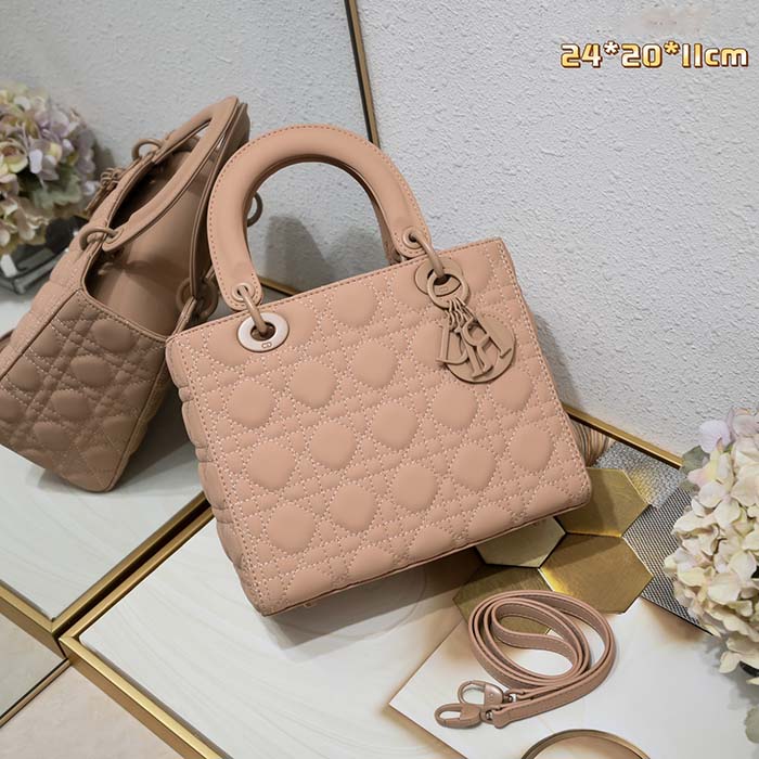 Dior Women CD Medium Lady Dior Bag Blush Ultramatte Cannage Calfskin