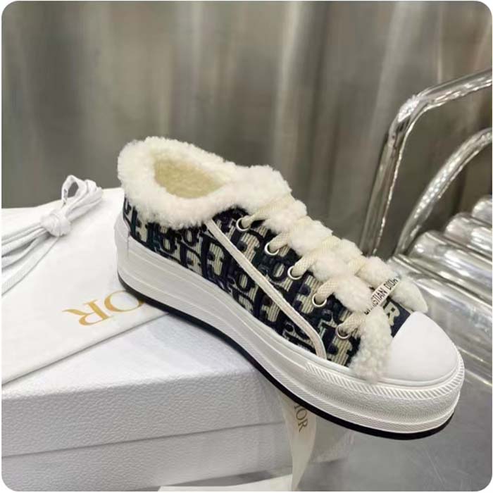 Dior Unisex Shoes CD Walk’N’Dior Platform Sneaker Deep Blue Oblique Embroidered Cotton White Shearling