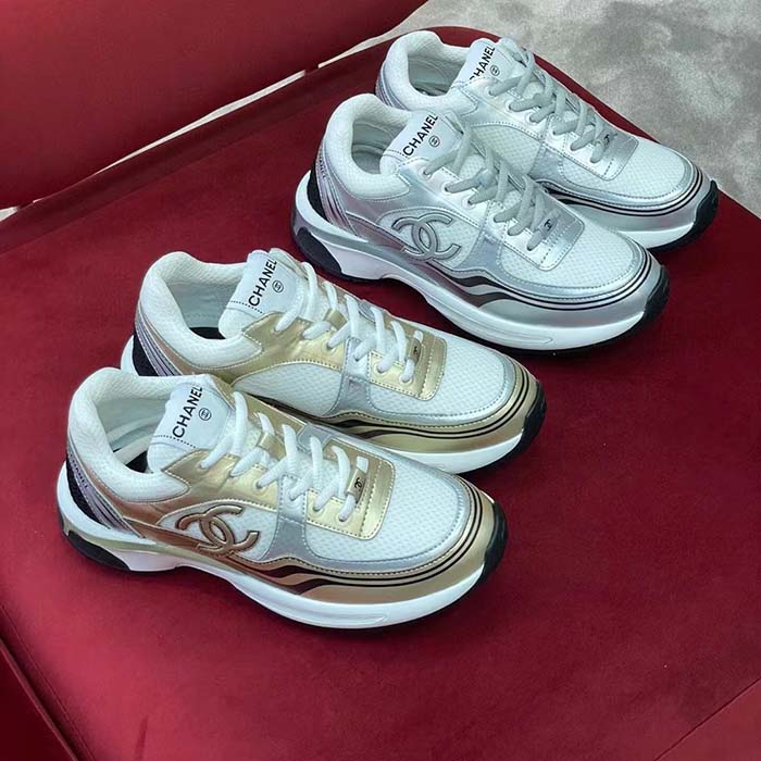 Chanel Women CC Sneakers Fabric Laminated White Silver 1 Cm Heel