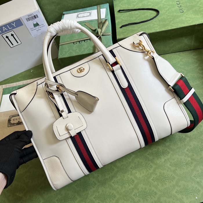 Gucci Unisex GG Bauletto Medium Top Handle Bag White Leather Double G
