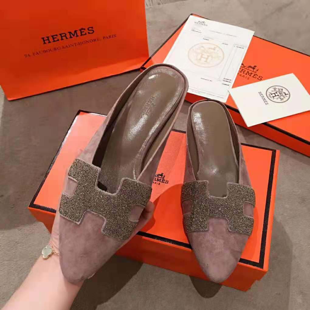 Hermes Women Roxane Mule in Suede Goatskin with Crystal-Rose