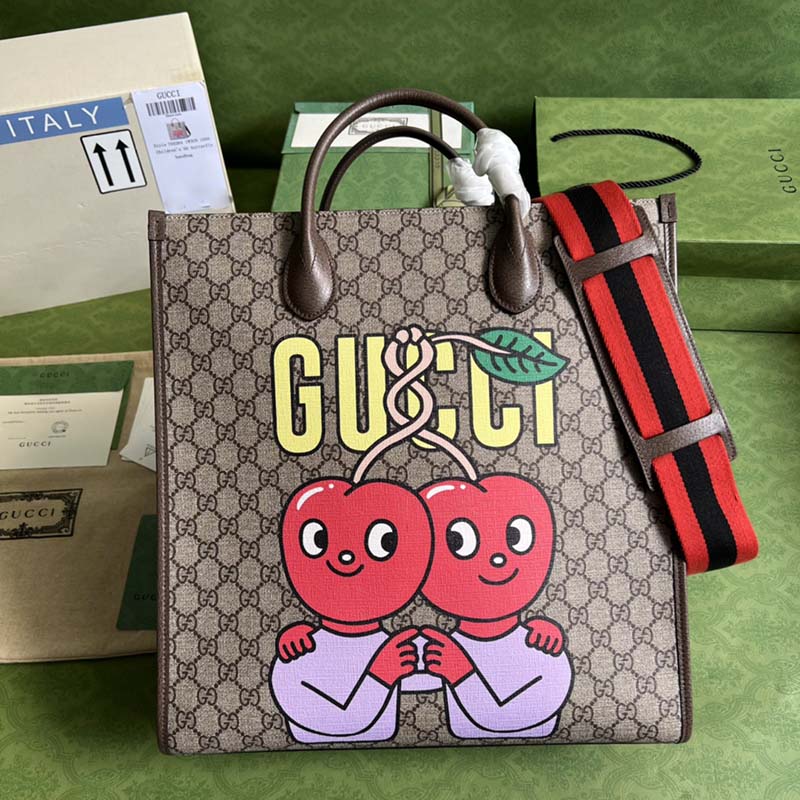 Gucci Unisex GG Cherry Print Medium Tote Beige Ebony GG Supreme Canvas