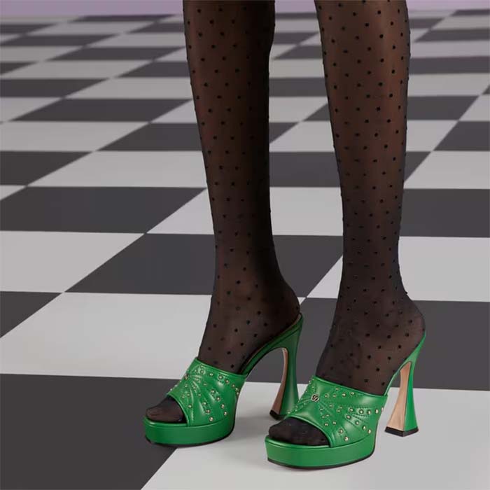 Gucci Women Heeled Slide Sandals Green Leather Studs Spool High 15 Cm Heel