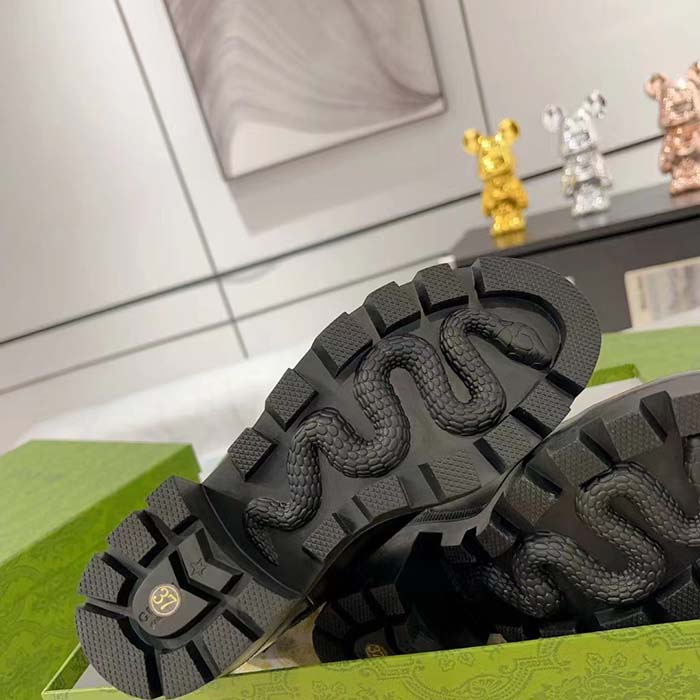 Gucci Women GG Mid-Heel Boot Logo Black Shiny Leather Heel Loop Pull Lug Rubber