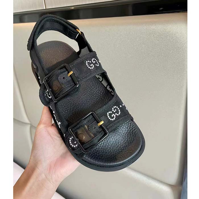 Gucci Women GG Sandal Crystals Black Mesh Tonal Suede Rubber Sole Flat