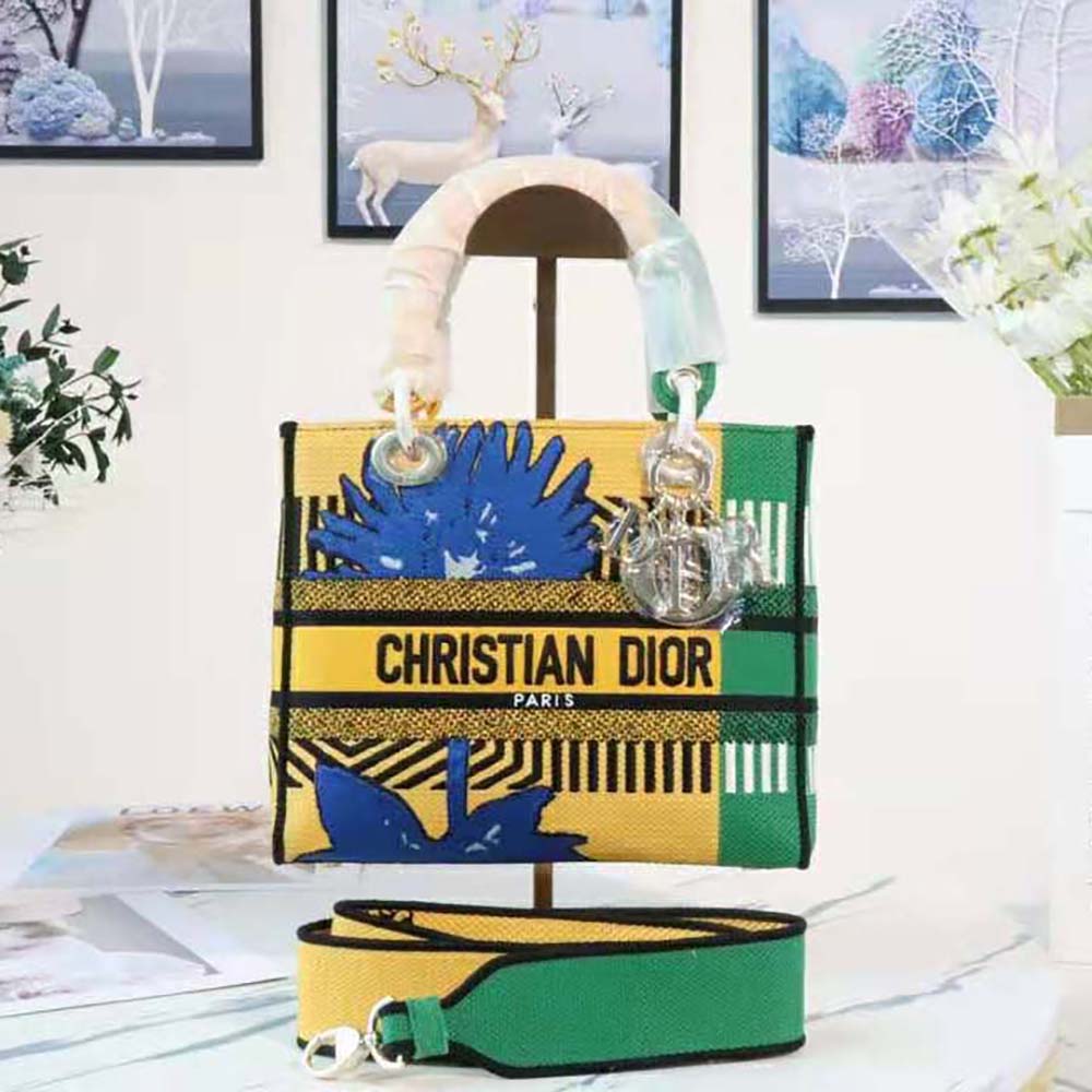 Dior Women Medium Lady D-lite Bag Bright Yellow and Green D-Flower Pop Embroidery