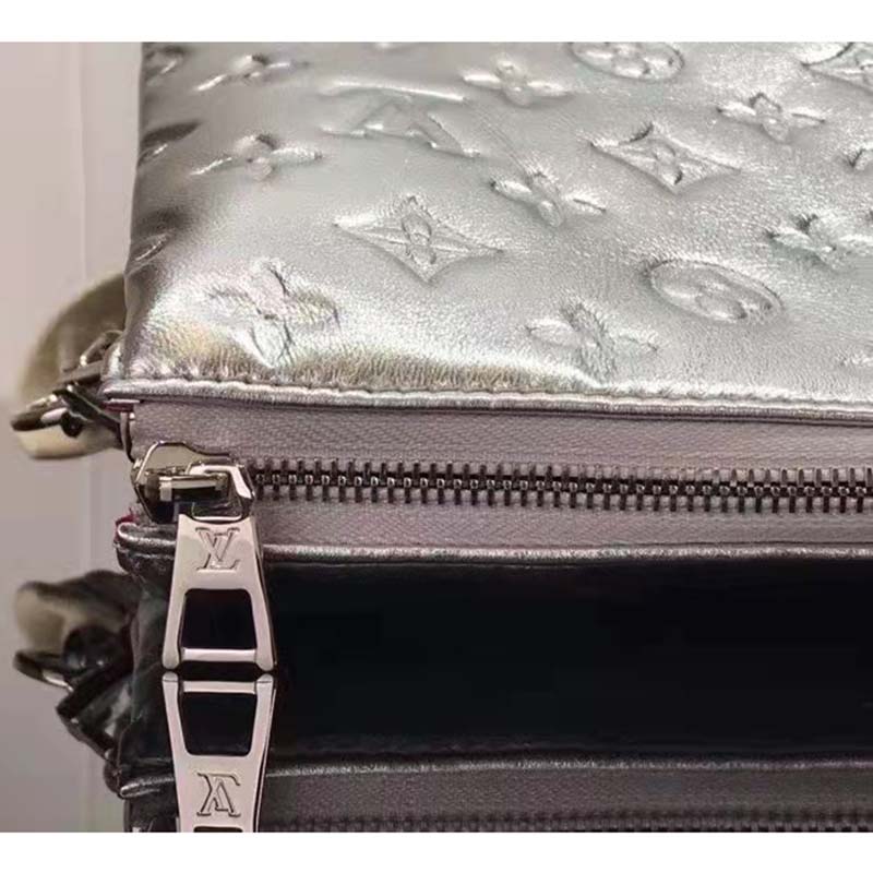 Louis Vuitton LV Women Coussin BB Handbag Silver Monogram Embossed Puffy Lambskin