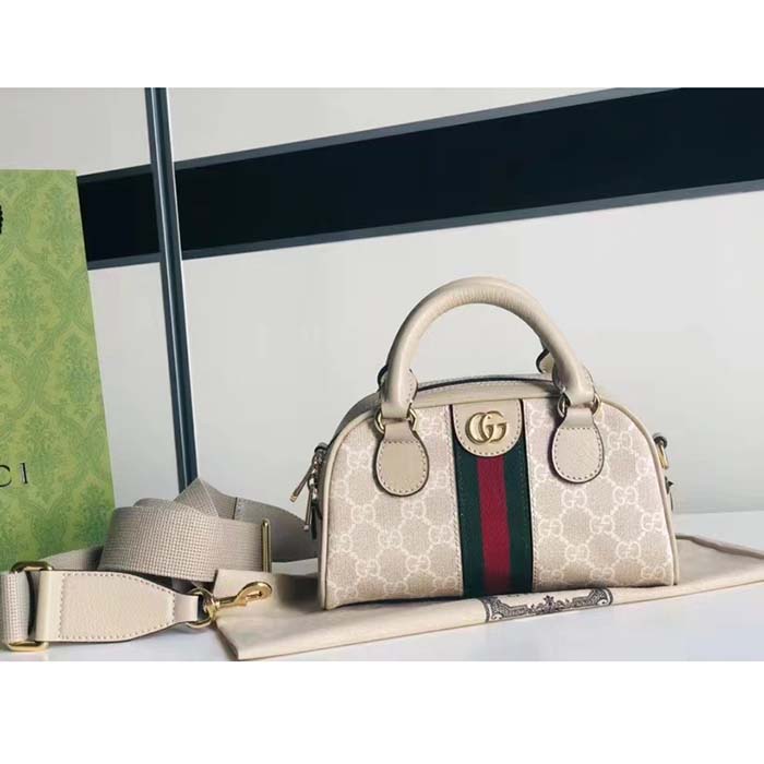 Gucci GG Women Ophidia Mini GG Top Handle Bag White Supreme Canvas