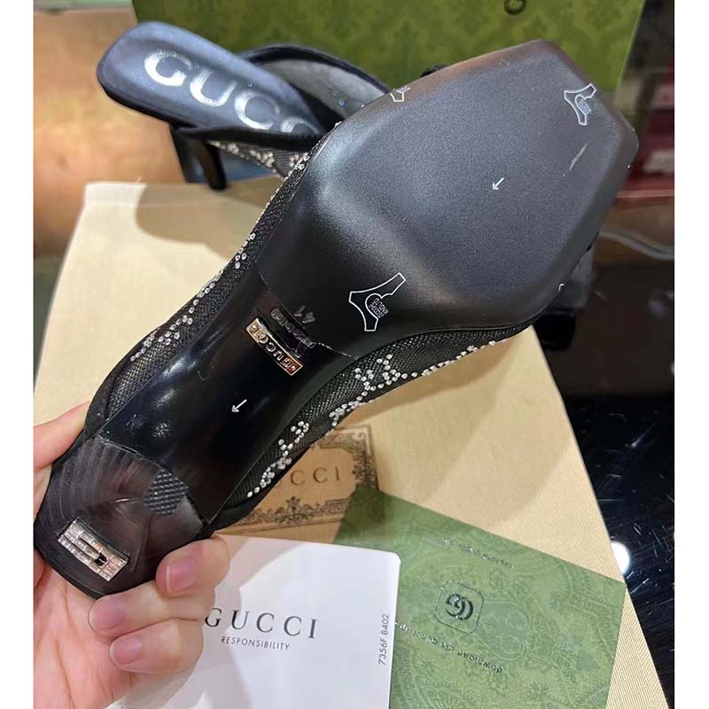 Gucci Women Sandal Black Mesh GG Crystals Square Toe Mid Heel 8 Cm Heel