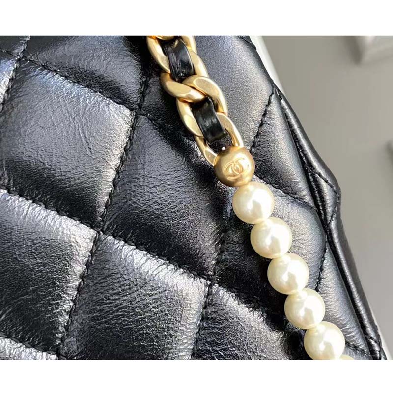 Chanel Women Mini Flap Bag Calfskin Imitation Pearls Gold-Tone Metal Black