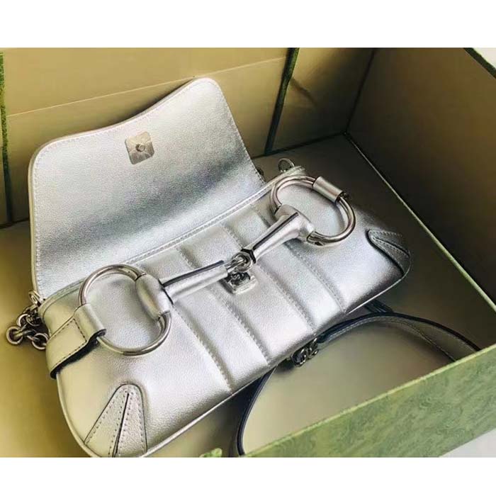 Gucci Women GG Horsebit Chain Small Shoulder Bag Silver Metallic Quilted Leather Maxi Horsebit