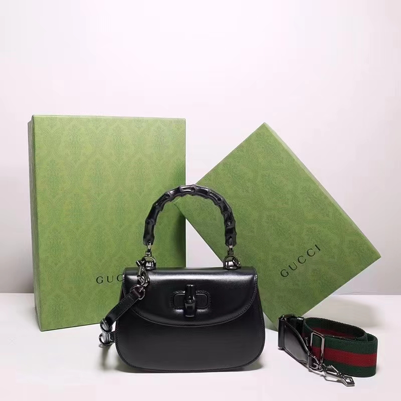 Gucci Women GG Bamboo 1947 Small Top Handle Bag Black Leather Bamboo Hardware