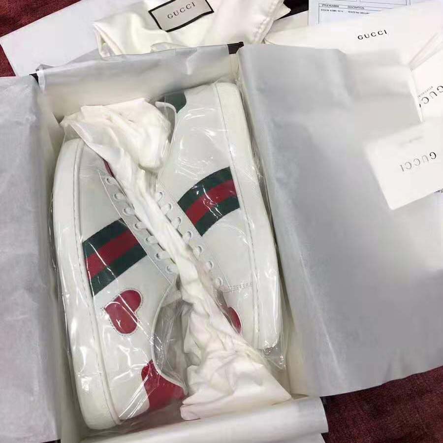 Gucci Women’s Ace Embroidered Sneaker with Two Leather Hearts in Rubber Sole-White