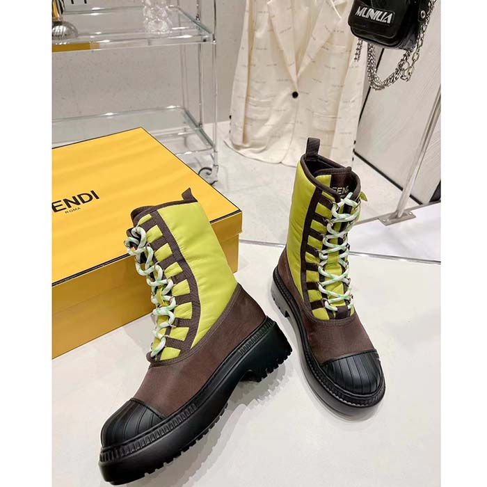 Fendi Women FF Domino Biker Boots Acid Green Nylon Polyamide Polyester 5 Cm Heel