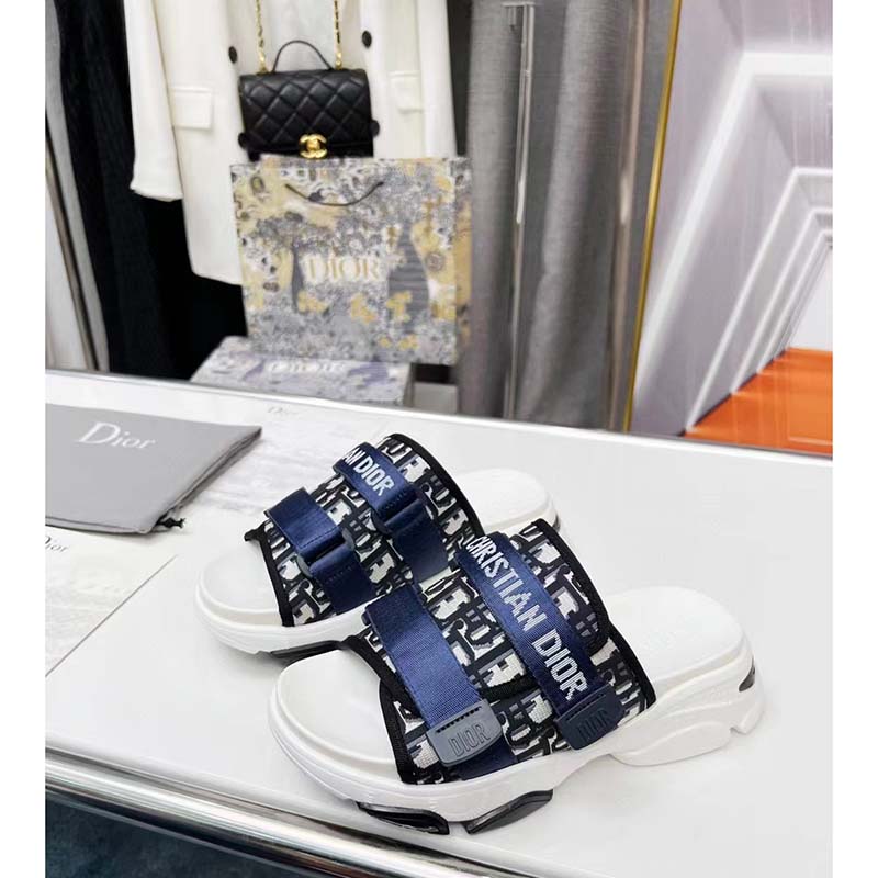 Dior Women Shoes CD D-Wander Slide Black Deep Blue Dior Oblique Technical Fabric