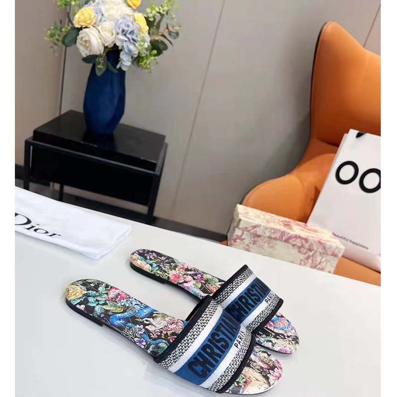 Dior Women Shoes CD Dway Slide Black Multicolor Embroidered Cotton D-Constellation Motif
