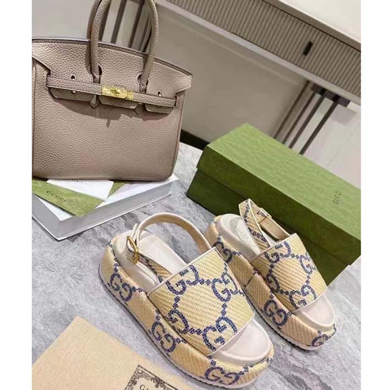Gucci Women GG Platform Sandal Beige Light Blue GG Raffia Effect Fabric