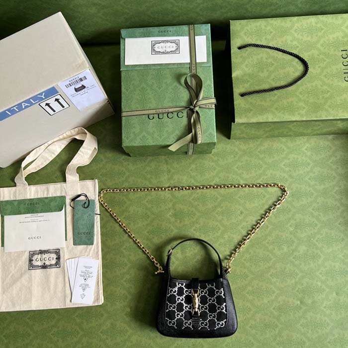 Gucci Women GG Jackie 1961 Mini Crystal GG Lizard Bag Black Mesh