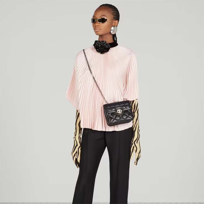 Gucci Women GG Deco Mini Shoulder Bag Black Quilted Leather Interlocking G