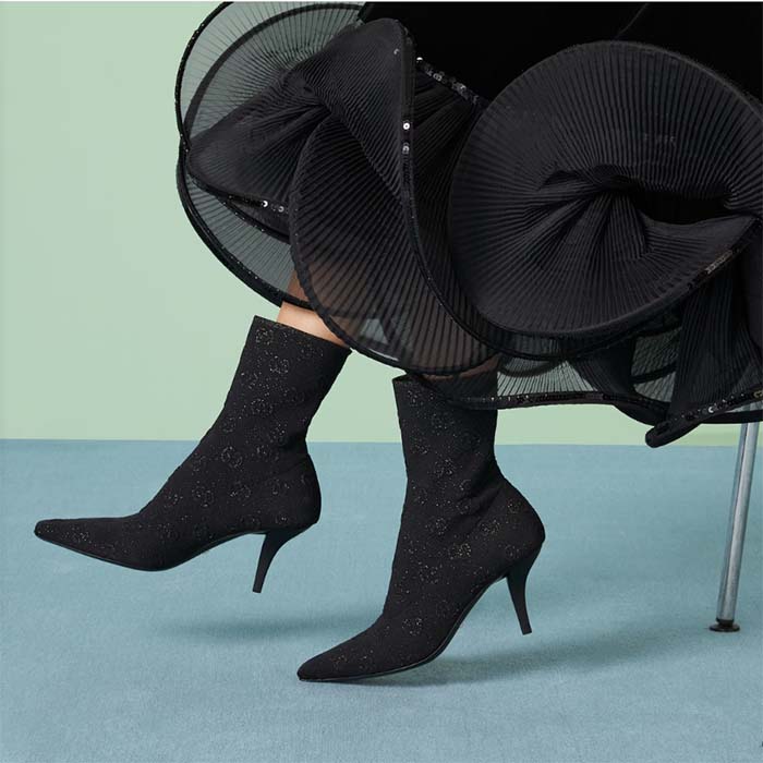 Gucci Women GG Knit Ankle Boots Black Grey Technical Knit Fabric Square Toe Leather Mid-Heel