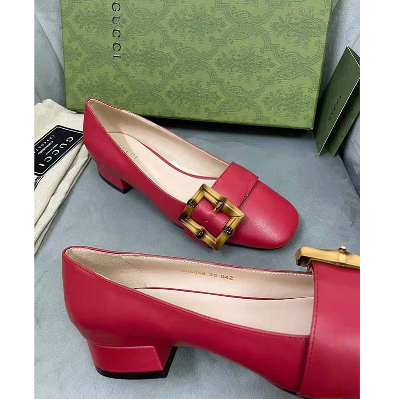 Gucci GG Women Ballet Flat with Bamboo Buckle Dark Red Leather