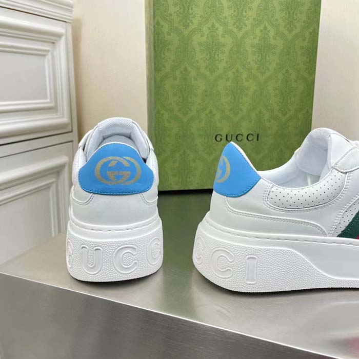Gucci Unisex GG Sneaker Web White Leather Blue Lace-Up Flat