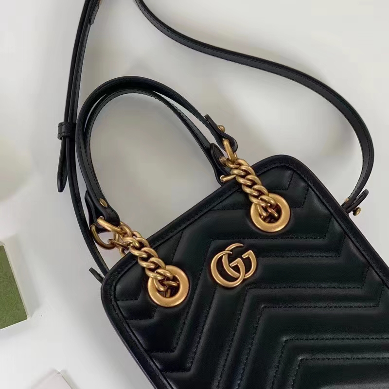 Gucci Women GG Marmont Matelassé Mini Bag Black Chevron Leather