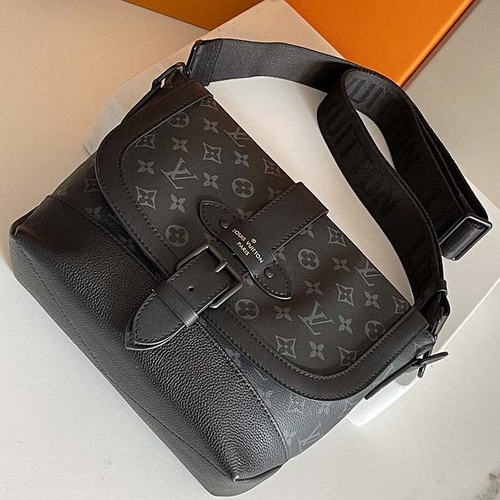 Louis Vuitton LV Unisex Saumur Messenger Monogram Eclipse Coated Canvas Black Leather