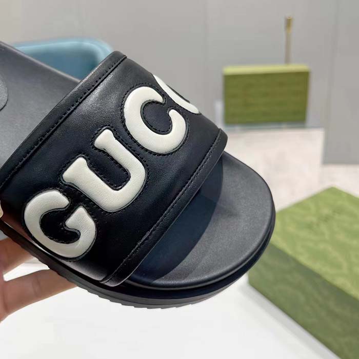 Gucci Unisex GG Slide Sandal Black White Leather Script Rubber Flat