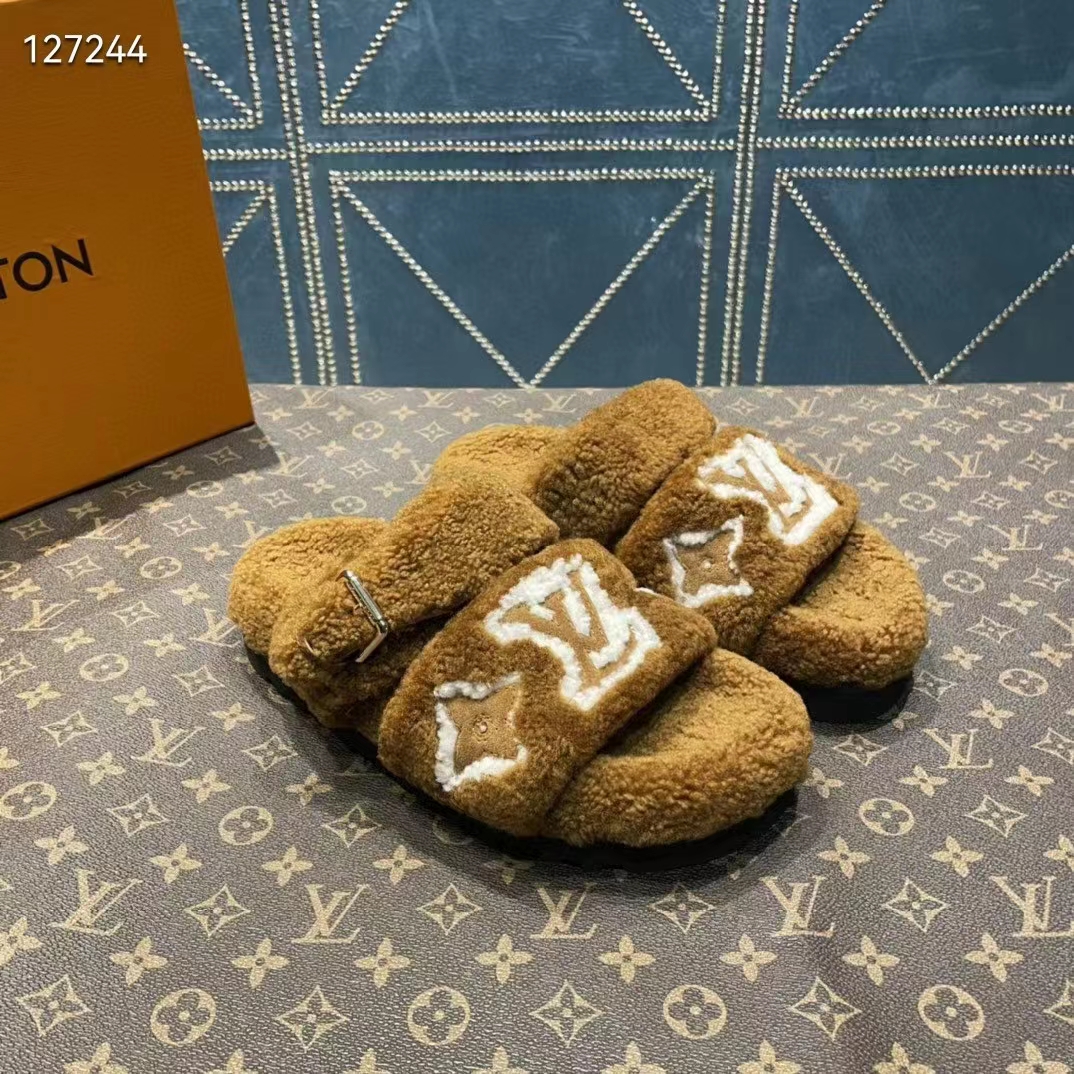 Louis Vuitton LV Unisex Paseo Flat Comfort Mule Cognac Brown Shearling Monogram Flowers