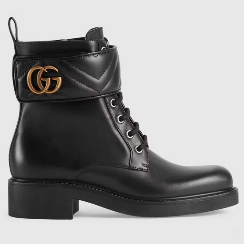 Gucci GG Women’s Ankle Boot Double G Black Leather Tonal Matelassé