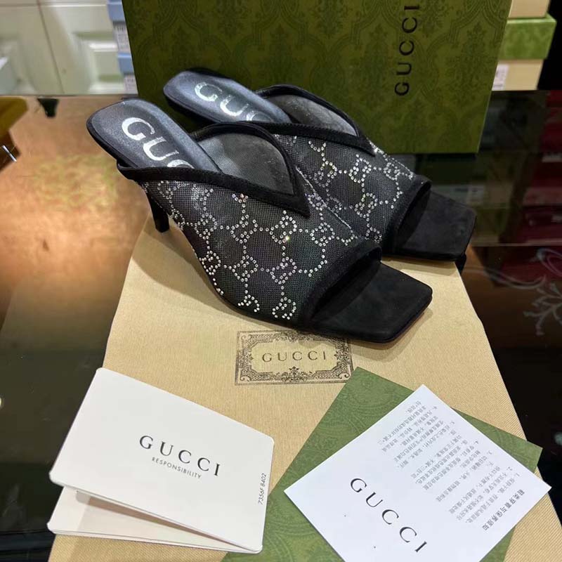 Gucci Women Sandal Black Mesh GG Crystals Square Toe Mid Heel 8 Cm Heel
