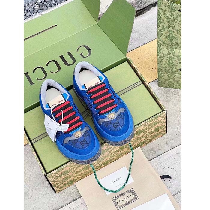 Gucci Unisex Screener GG Sneaker Blue Black Canvas Suede Dark Grey Leather Low Heel