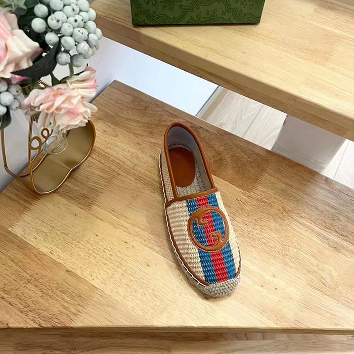 Gucci Unisex GG Interlocking G Espadrilles Natural Raffia Brown Leather Round Toe Flat