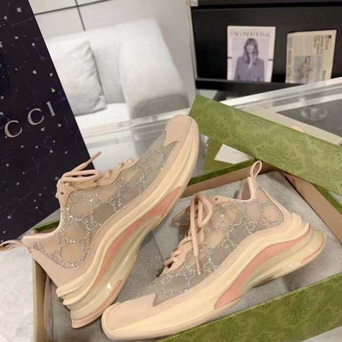 Gucci Women GG Gucci Run GG Crystal Mesh Sneaker Pink Suede Mid 6 CM Heel