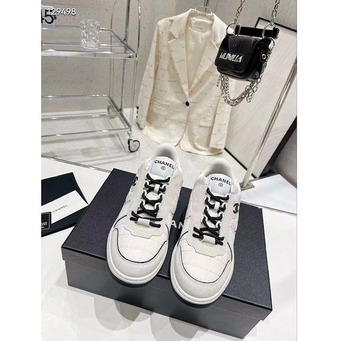Chanel Women CC Sneakers Fabric Suede Calfskin Calfskin White Light Gray