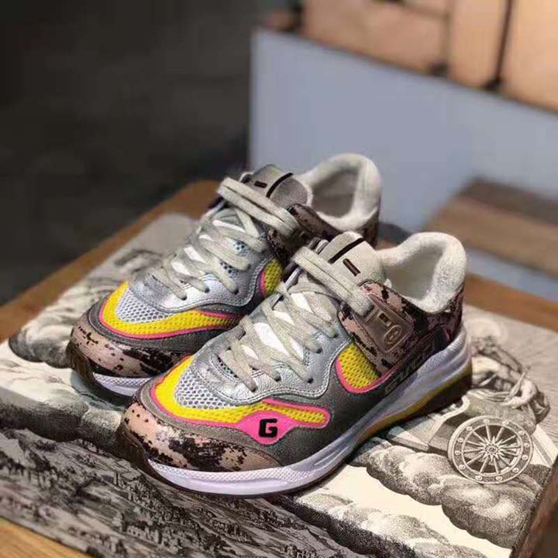 Gucci Unisex Ultrapace Sneaker with Embroidered Gucci and Interlocking G in Metallic Leather-Pink