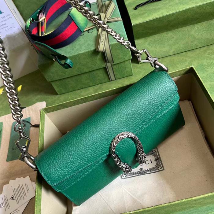 Gucci Women GG Dionysus Small Shoulder Bag Green Leather Antique Silver-Toned Hardware Crystals