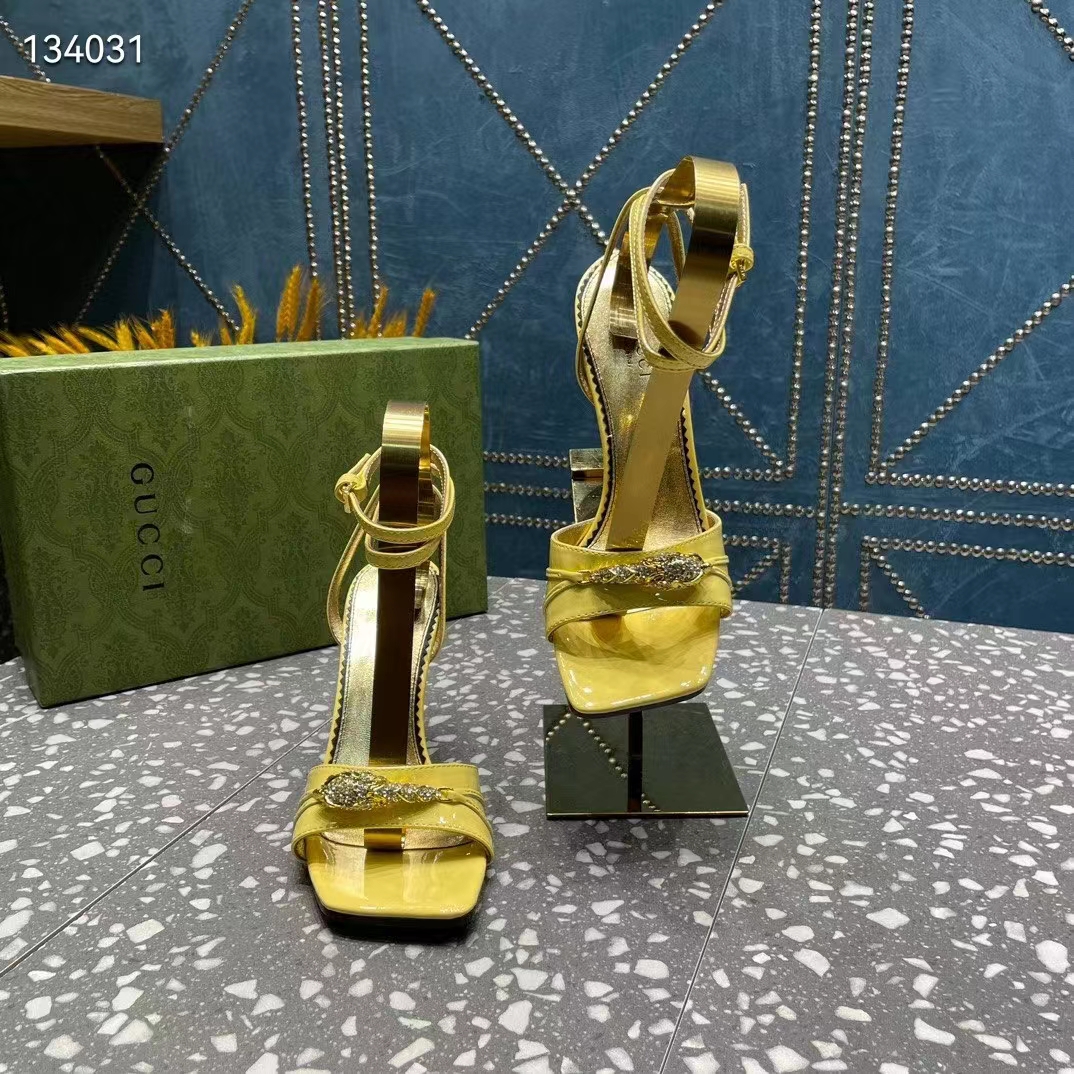 Gucci Women GG High-Heel Sandal Hardware Yellow Patent Leather Square Toe Geometric-Shaped Heel