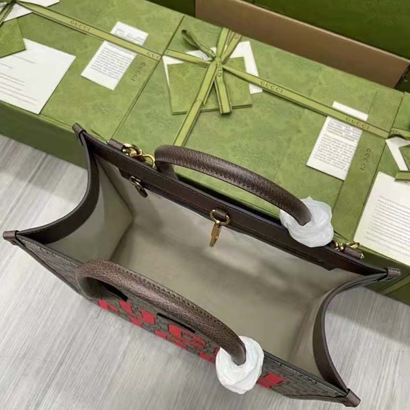 Gucci Unisex Tiger GG Small Tote Bag Beige Ebony GG Supreme Canvas