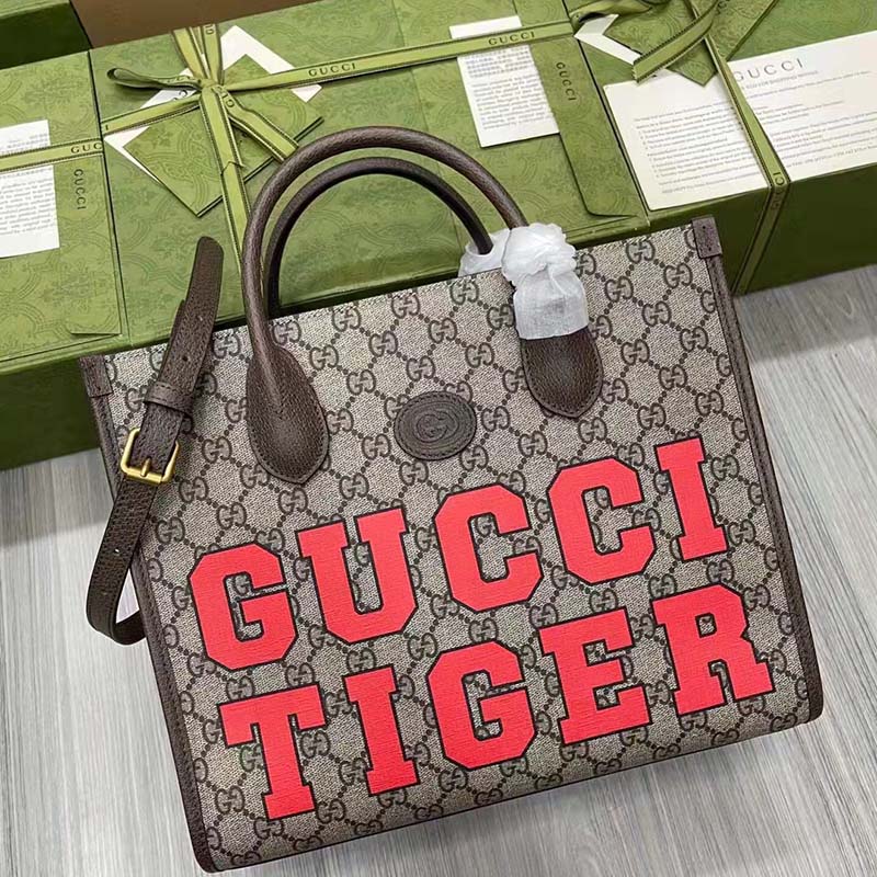 Gucci Unisex Tiger GG Small Tote Bag Beige Ebony GG Supreme Canvas
