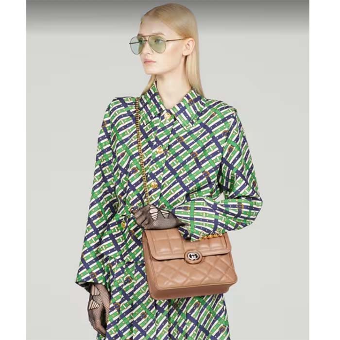 Gucci Women GG Deco Small Shoulder Bag Rose Beige Quilted Leather