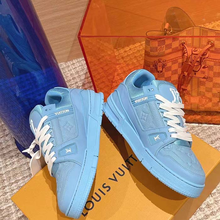 Louis Vuitton Unisex LV Trainer Sneaker Blue Monogram-Embossed Grained Calf Leather