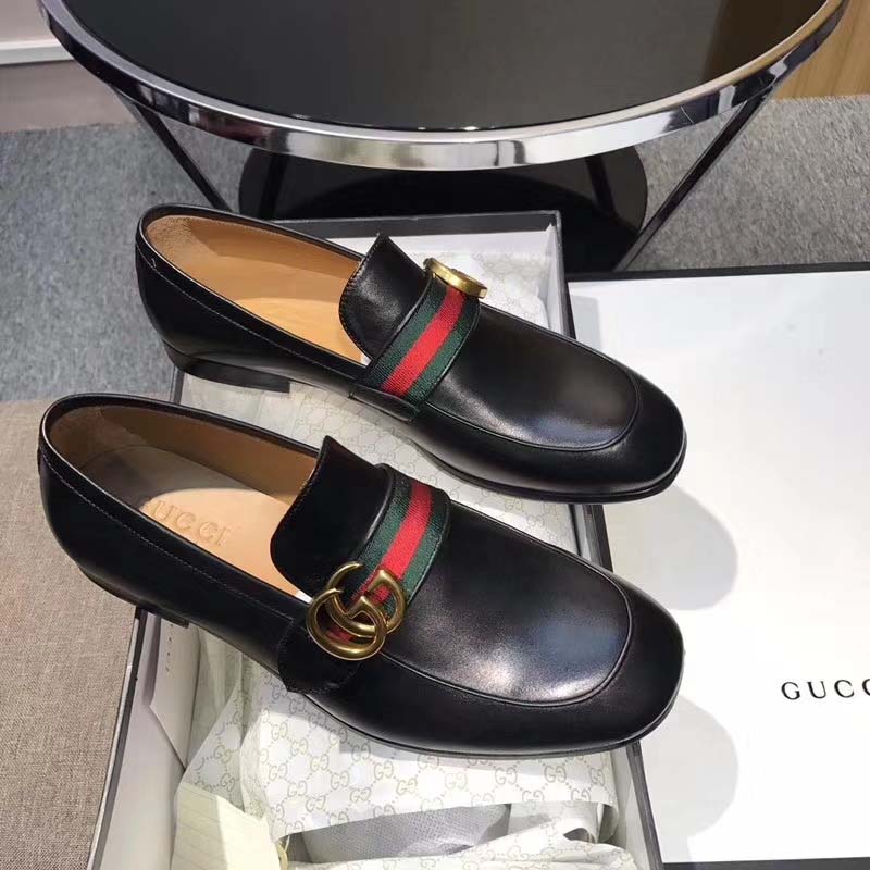 Gucci Men Leather Loafer with GG Web Shoes-Black