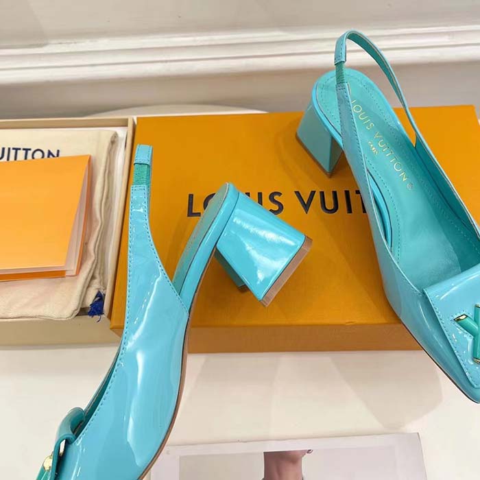 Louis Vuitton LV Women Shake Slingback Pump Blue Patent Calf Leather Lambskin 5.5 Cm Heel