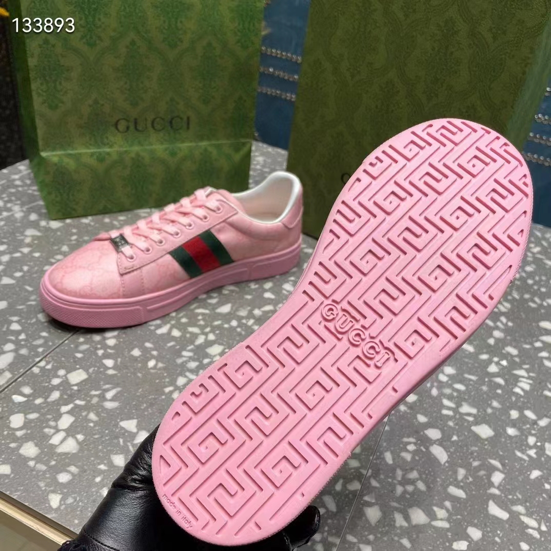 Gucci Women GG Ace Sneaker Web Pink GG Crystal Canvas Rubber Low-Heel