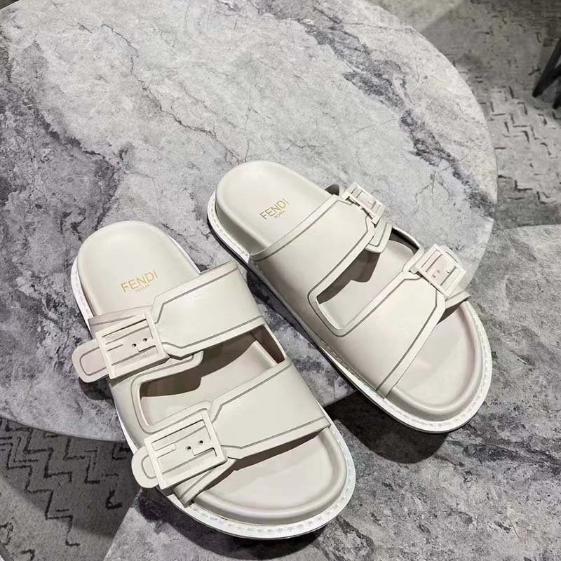 Fendi Women FF Fendi Feel White Leather Slides 0.5 Cm Heel